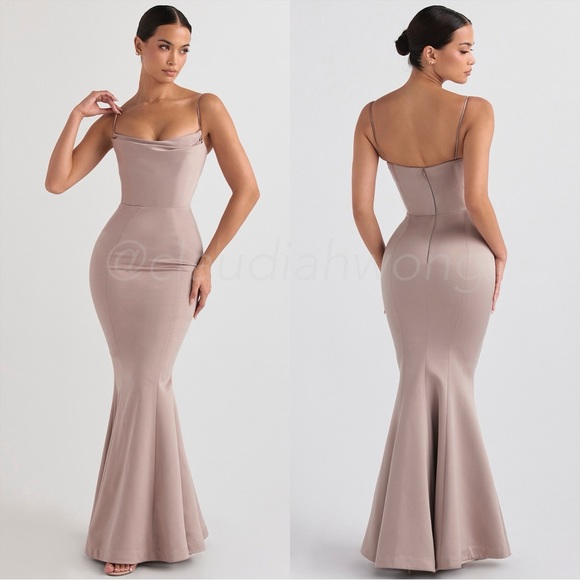 HOUSE OF CB Violette Mushroom Satin Fishtail Gown - Picture 2 of 11